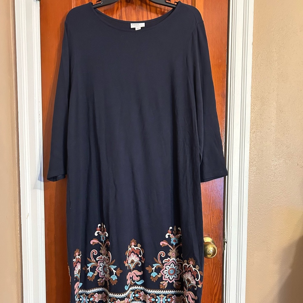 J. Jill 1X Navy Dress with Colorful Embroidery